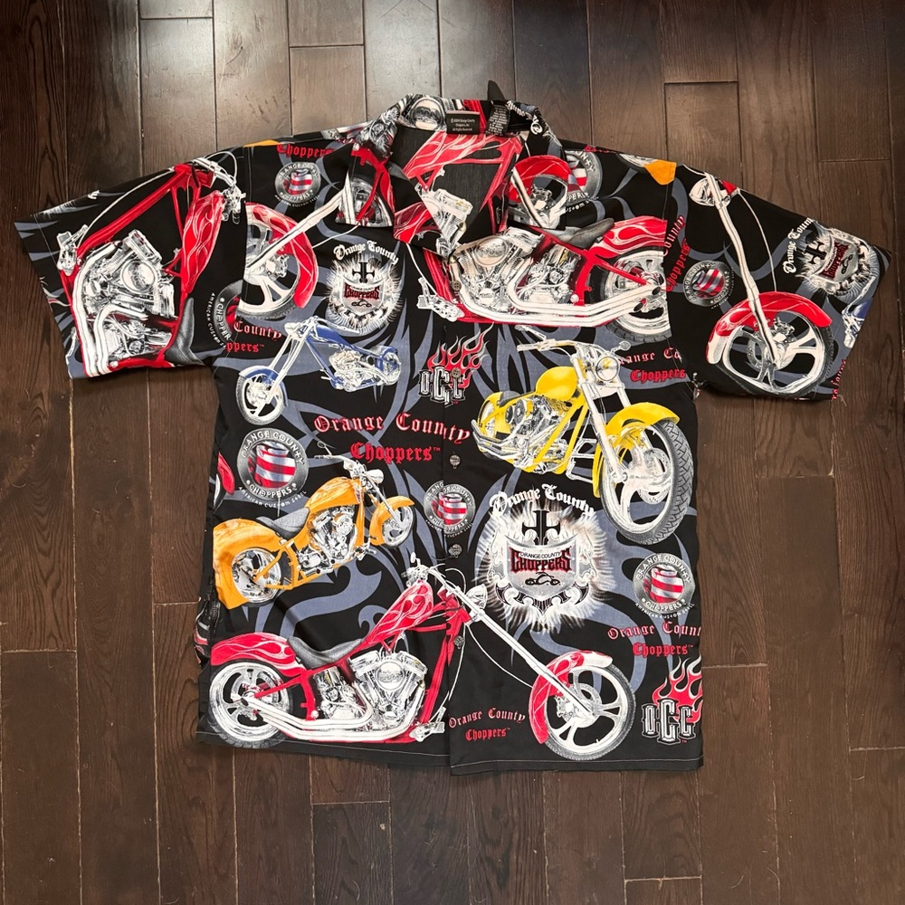 Vintage Y2K Orange County Ripped Motorcycle Camp Button Up Sz Large